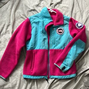 The North Face full zip fleece coat. Hot pink and blue. Very warm.